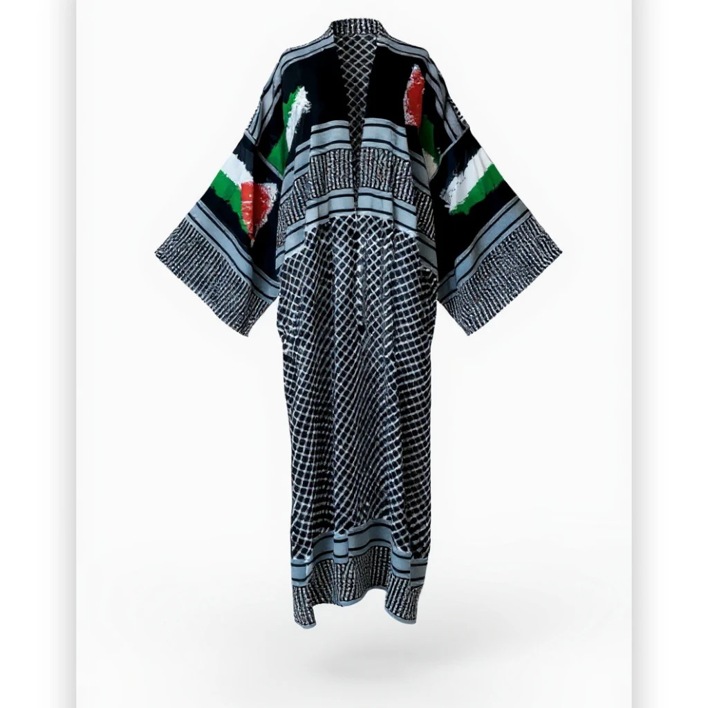 Robe Abaya Kimono en voile fluide et léger avec motif keffieh et drapeau palestine